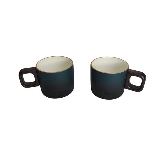Dark Green 2 oz Ceramic Espresso Cups Set of 2  Wooden Handle New - Picture 1 of 7